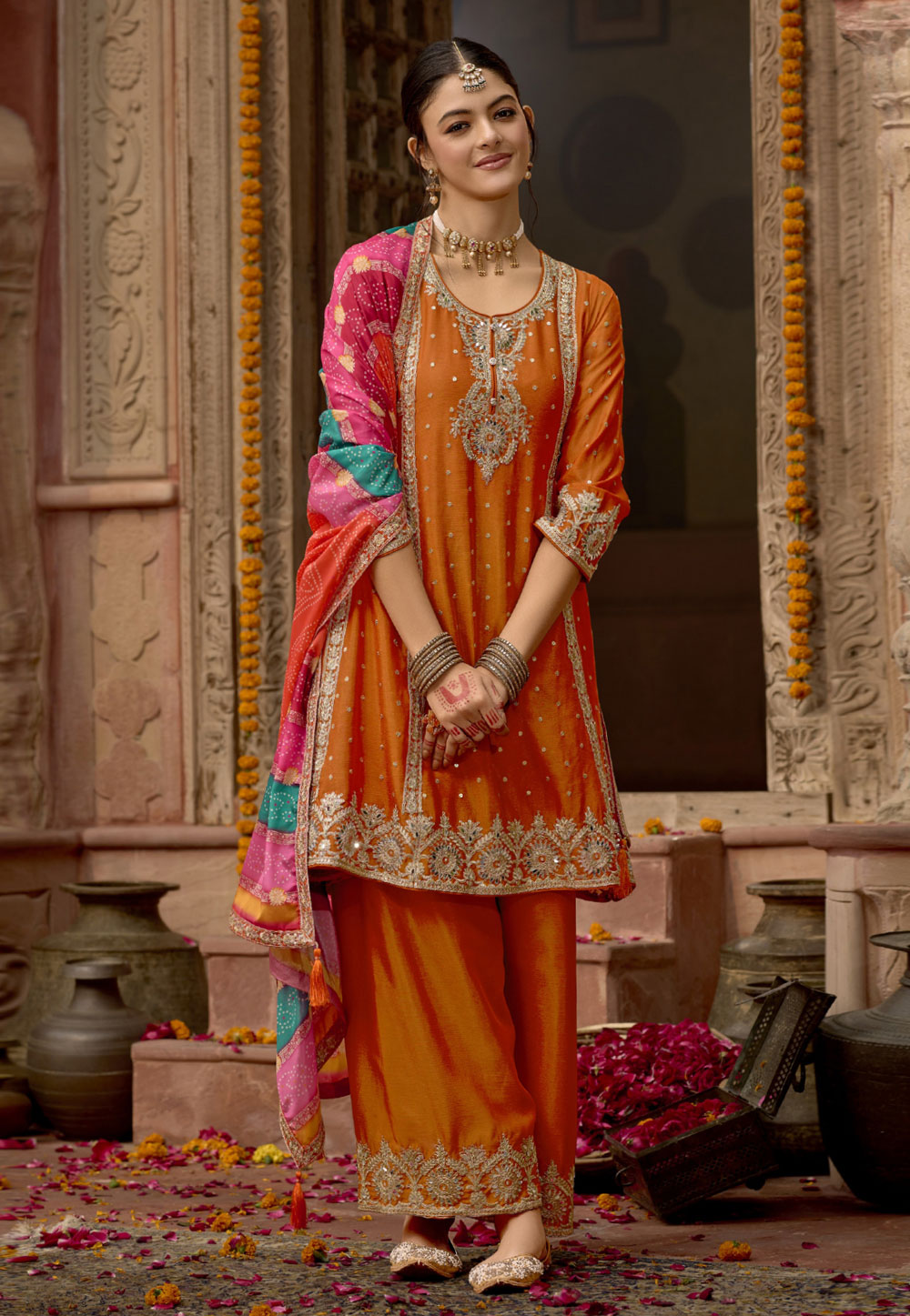 Orange Chinon Readymade Palazzo Suit 309606