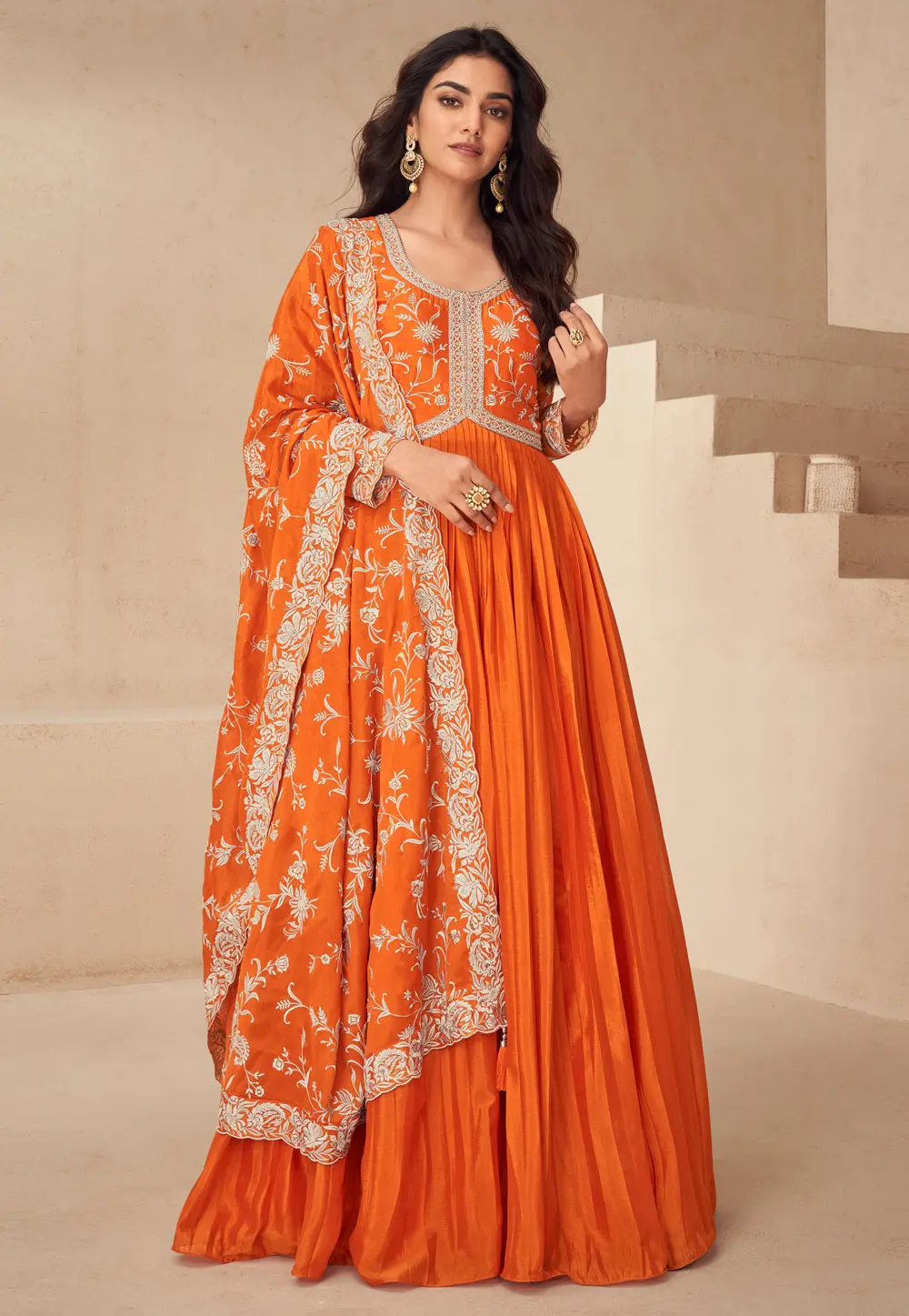 Orange Chinon Silk Anarkali Suit 298537