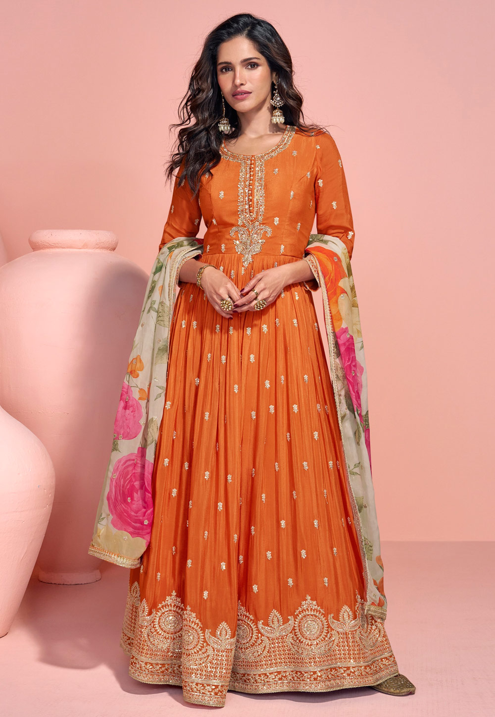 Orange Chinon Silk Anarkali Suit 310397