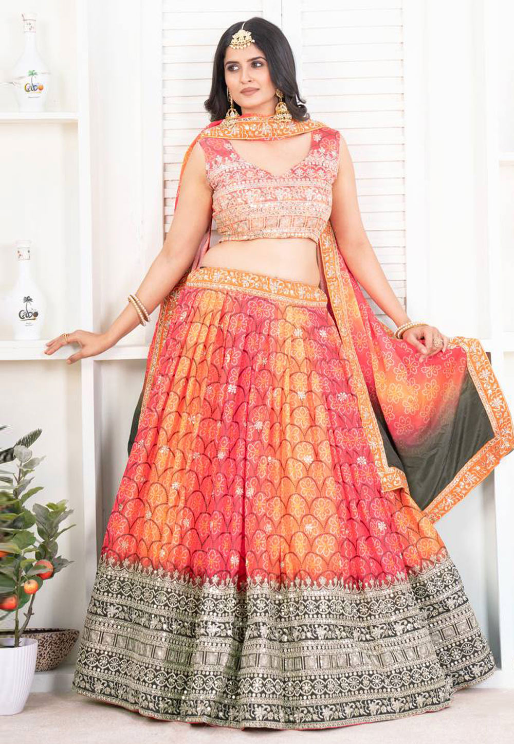 Orange Chinon Silk Circular Lehenga Choli 309948