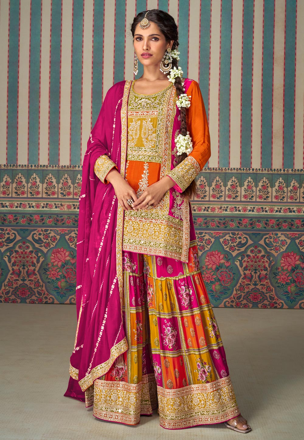 Orange Chinon Silk Embroidered Sharara Suit 305065