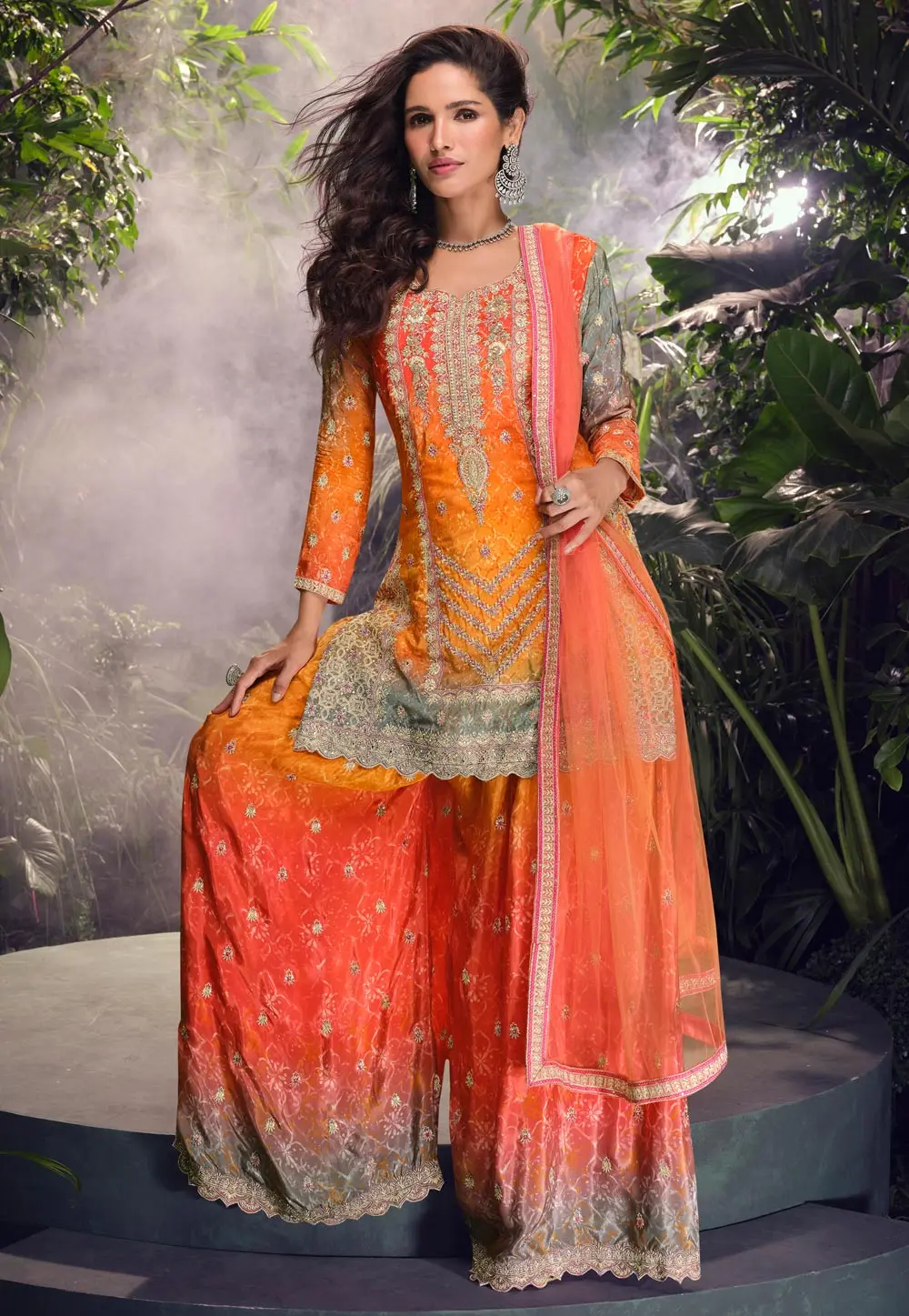 Orange Chinon Silk Pakistani Suit 302738