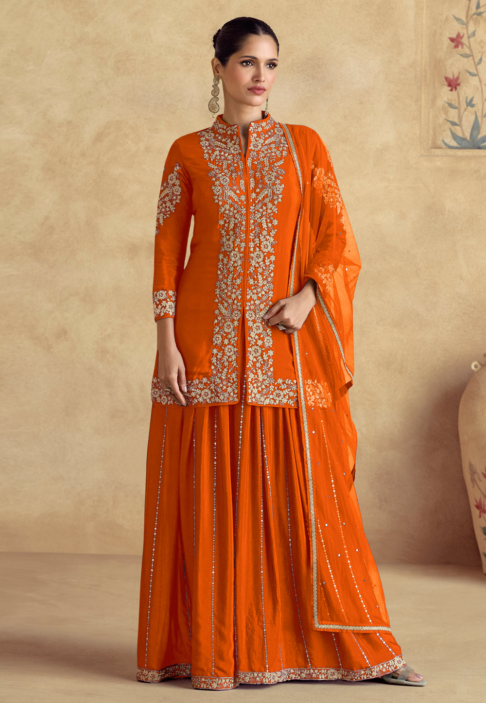 Orange Chinon Silk Palazzo Suit 305091