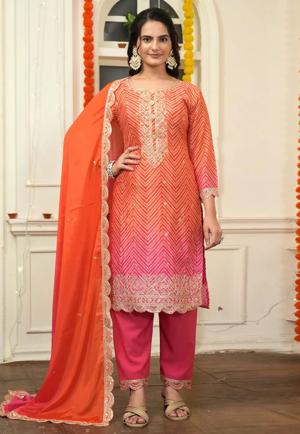 Orange Chinon Silk Readymade Pant Style Suit 298674