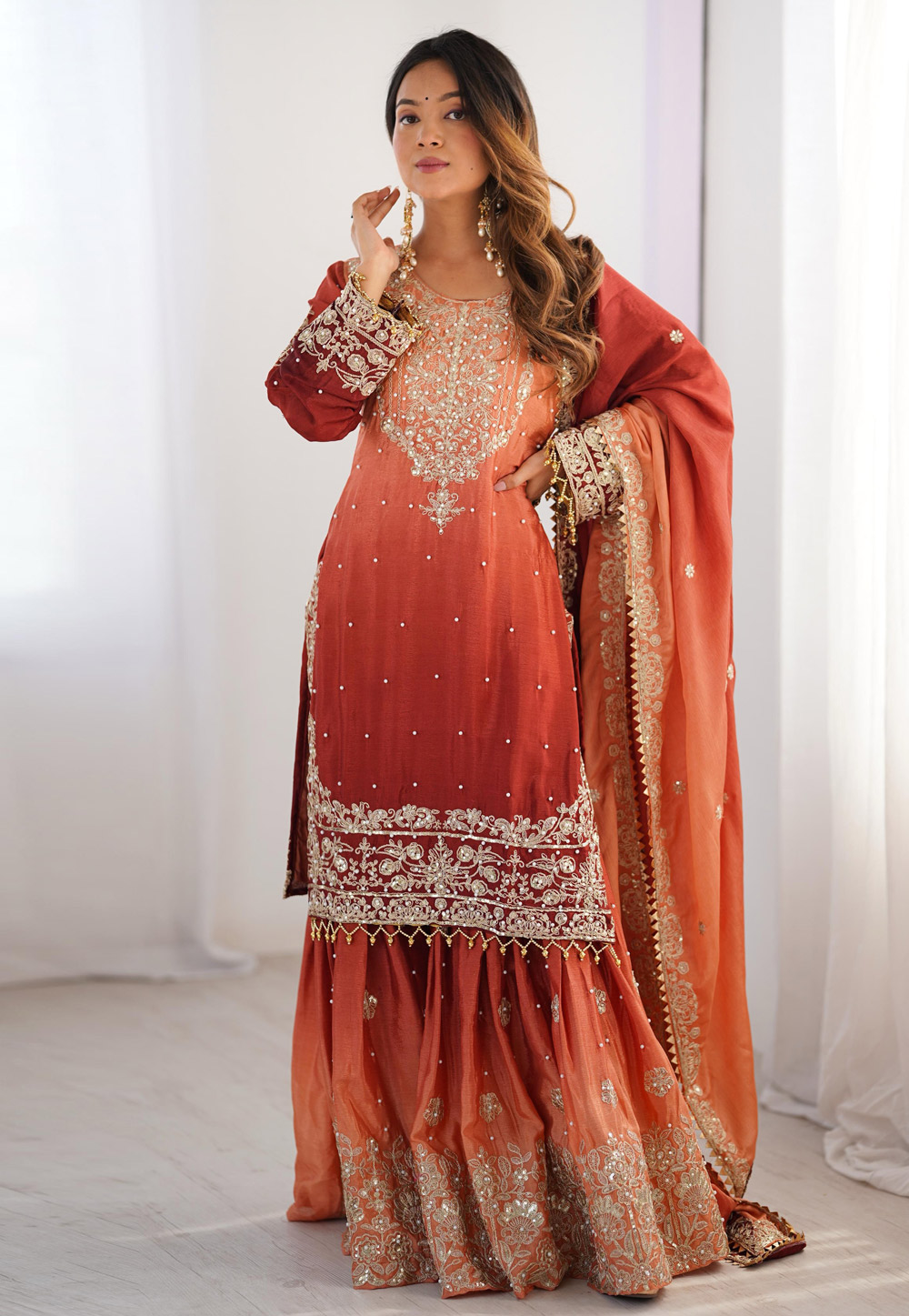 Orange Chinon Silk Readymade Sharara Suit 310717