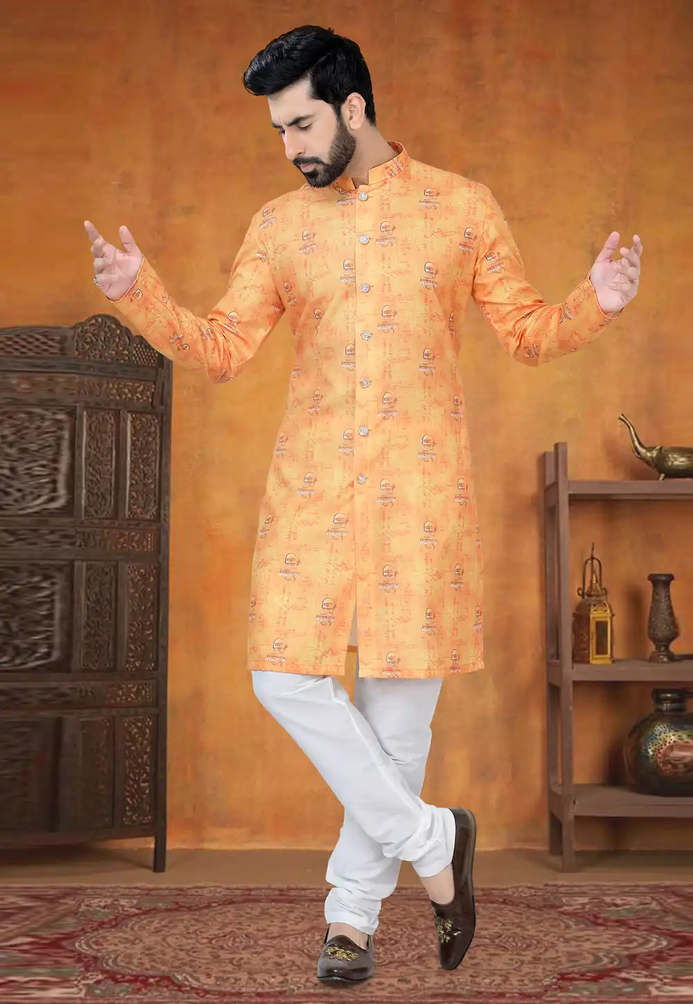 Orange Cotton Indo Western Suit 295004