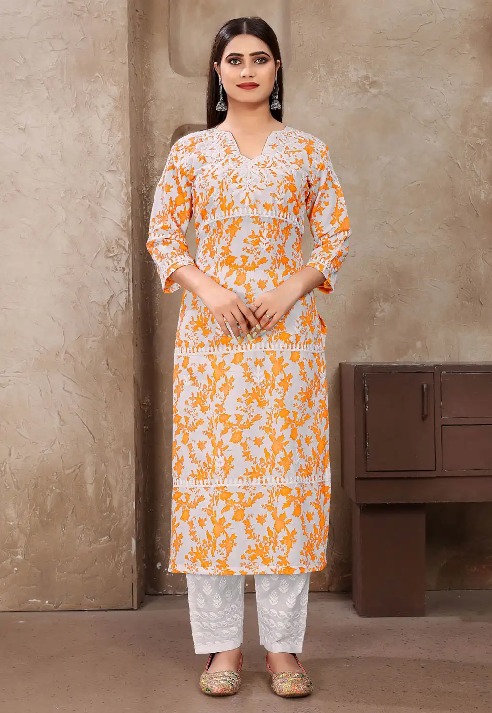 Orange Cotton Kurta Set With Pent 288153