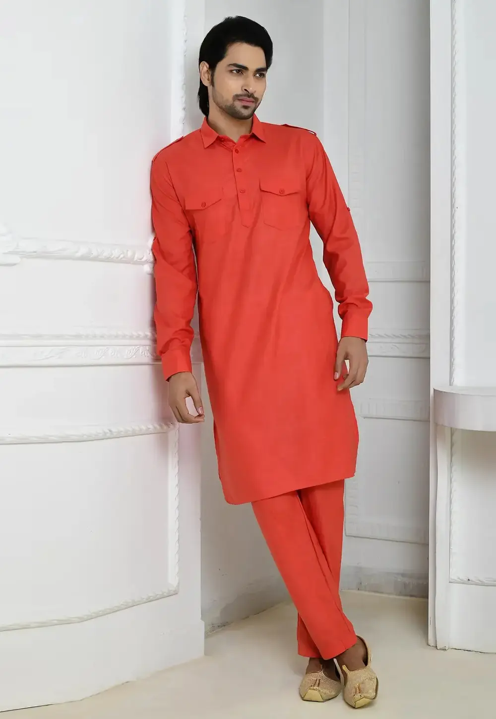 Red Cotton Pathani Suit 300743