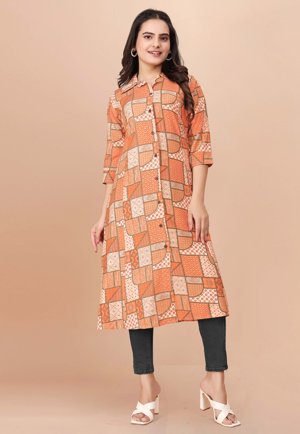 Orange Cotton Printed Long Tunic 280763