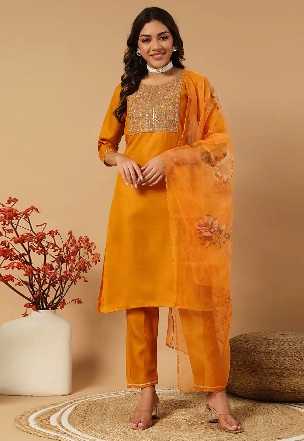 Orange Cotton Readymade Pant Style Suit 301181