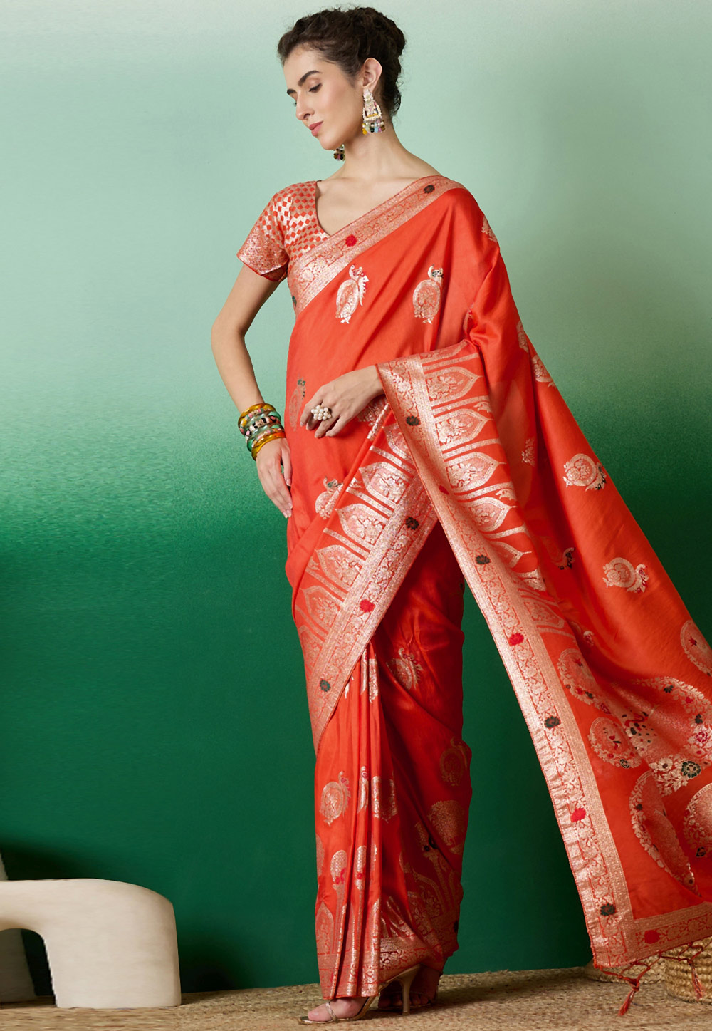 Orange Cotton Saree With Blouse 310534