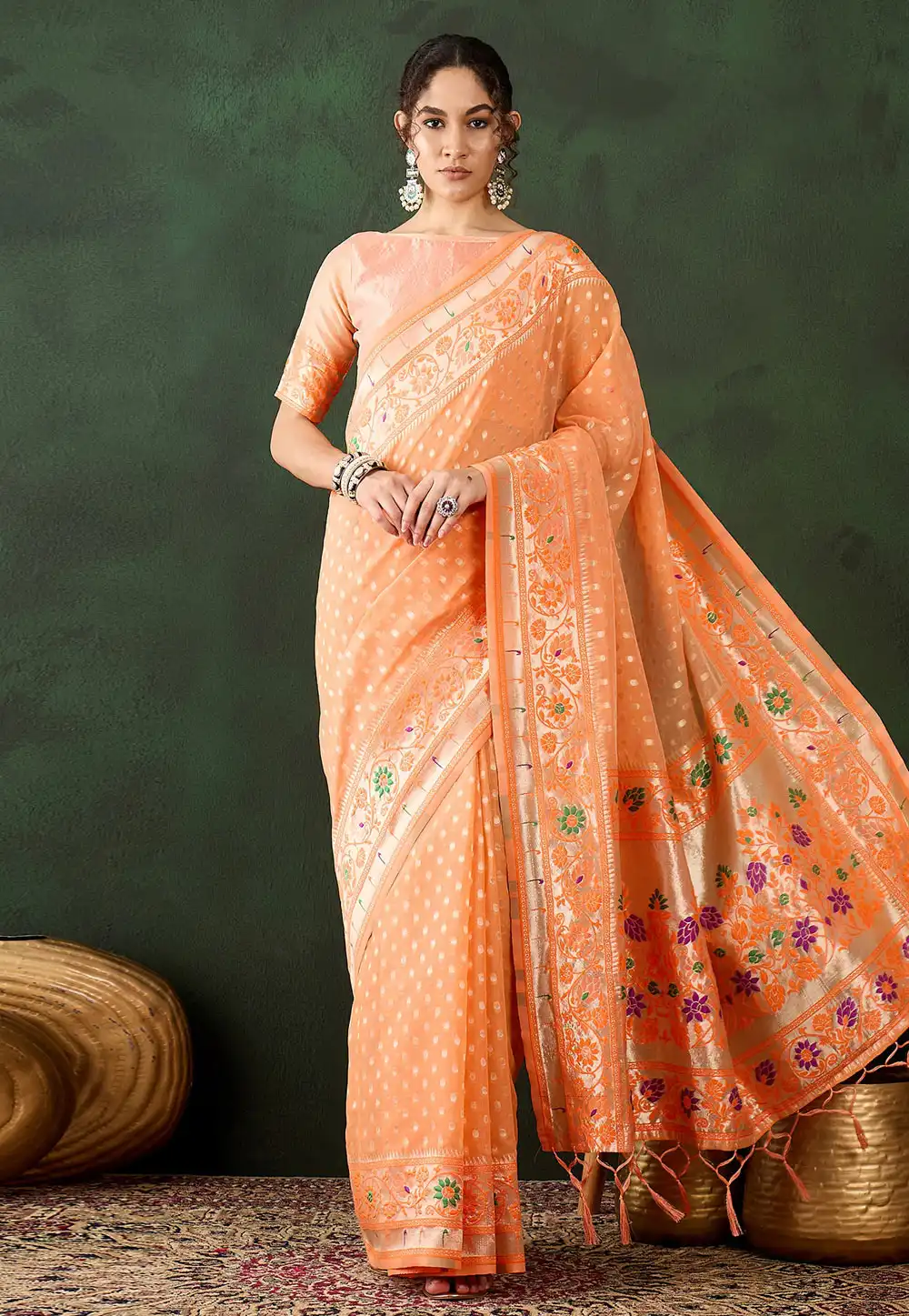 Orange Cotton Saree With Blouse 294353