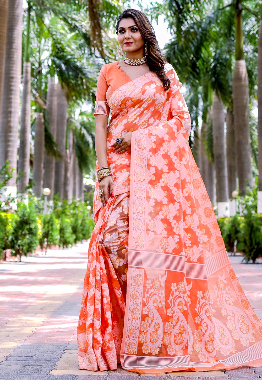 Orange Cotton Saree With Blouse 286120