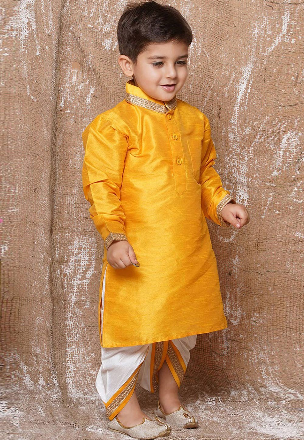 Orange Dupion Silk Kids Dhoti Kurta 286568