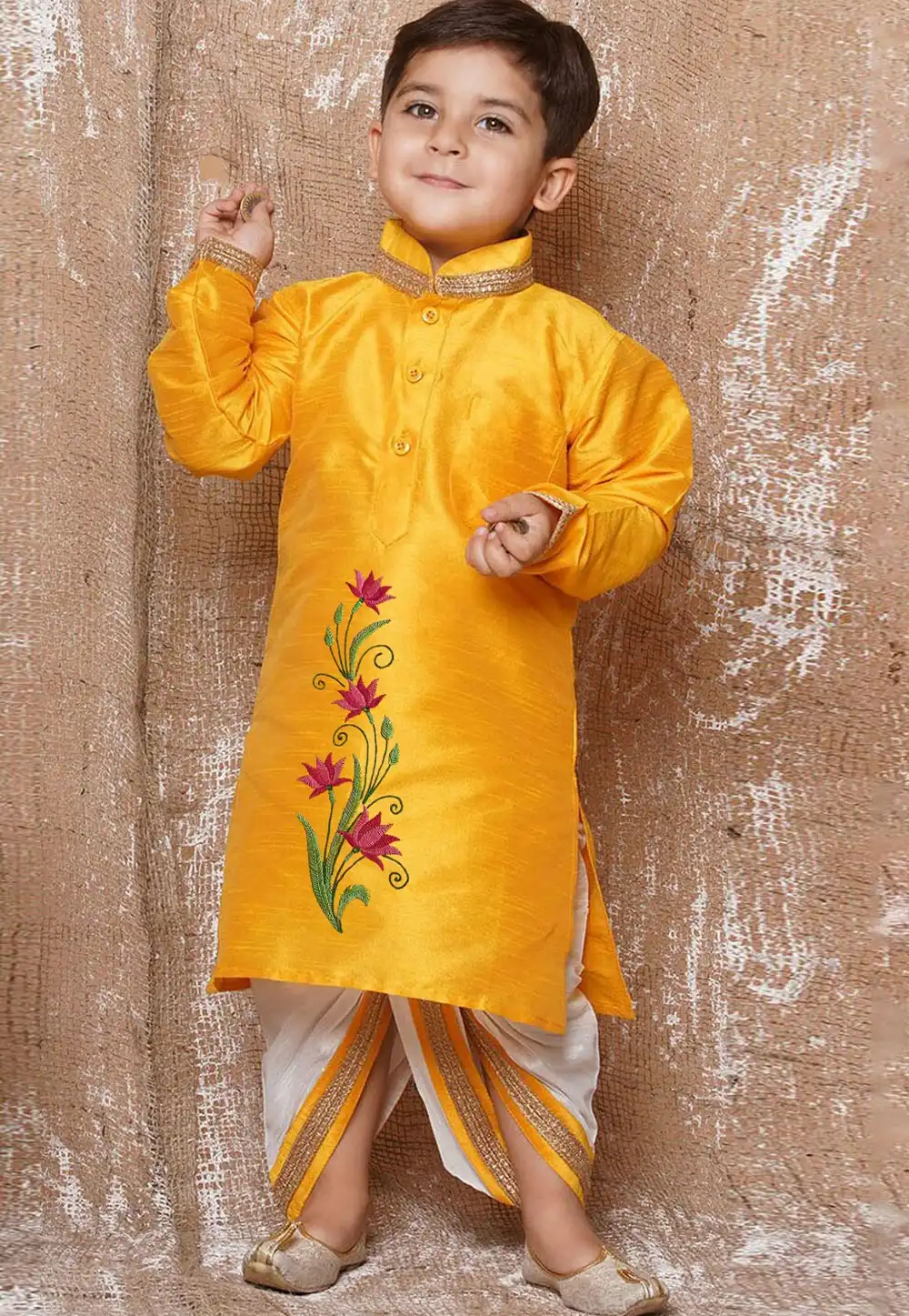 Orange Dupion Silk Kids Dhoti Kurta 288324