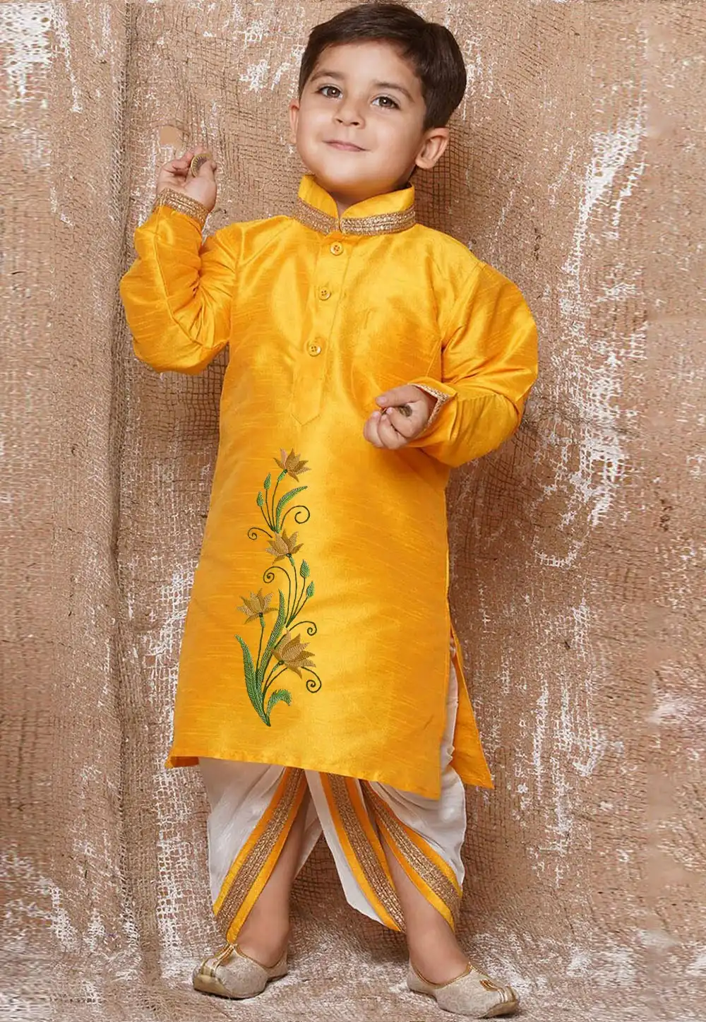 Orange Dupion Silk Kids Dhoti Kurta 288329