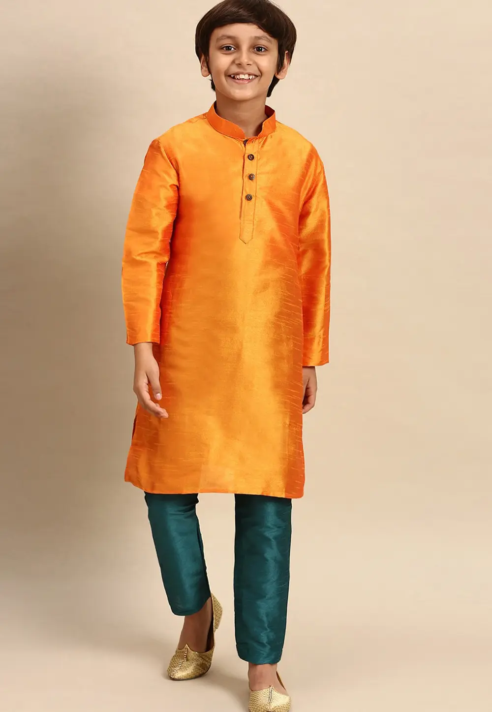 Orange Dupion Silk Kids Kurta Pajama 302099