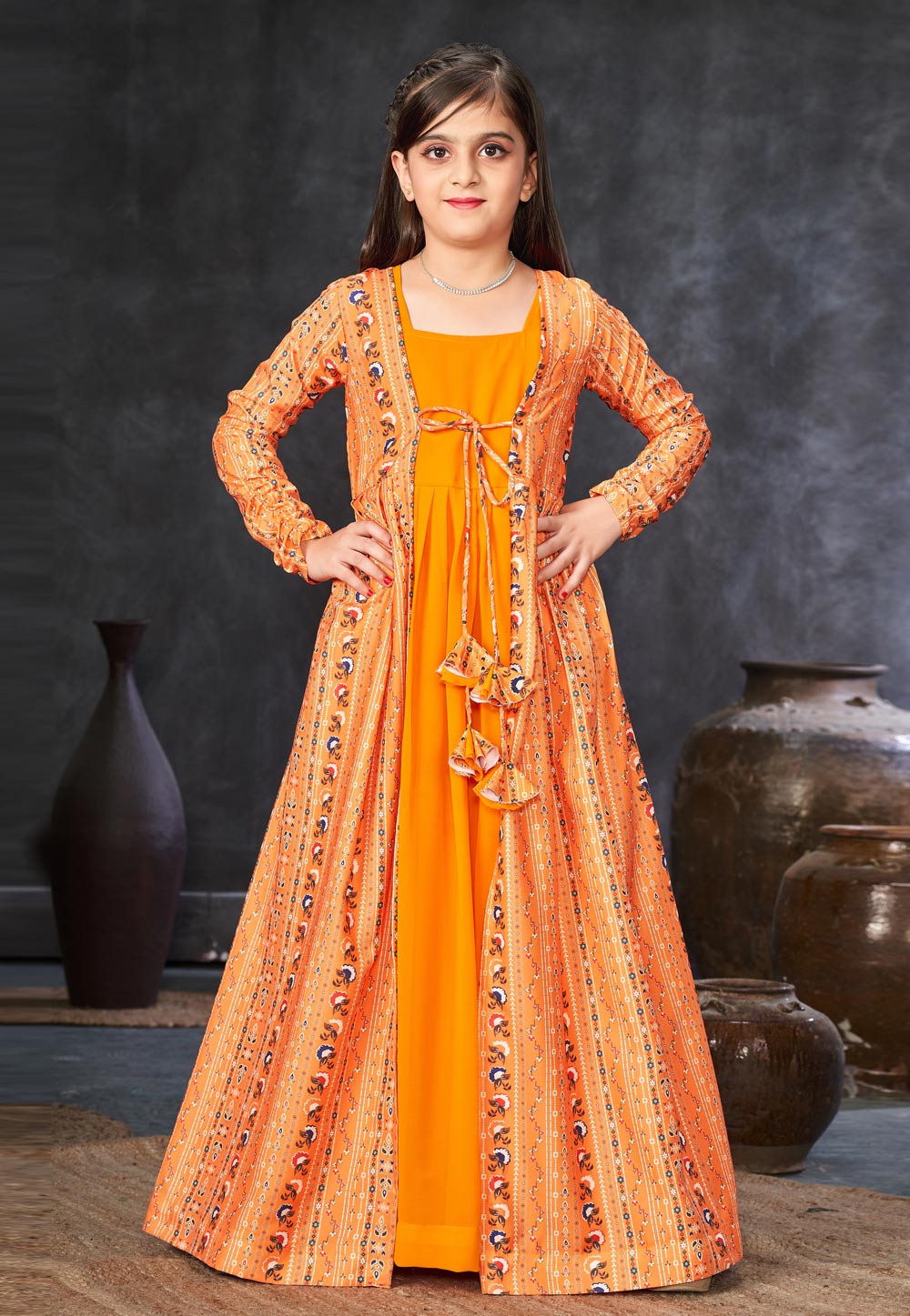 Orange Faux Georgette Readymade Kids Gown With Jacket 285074