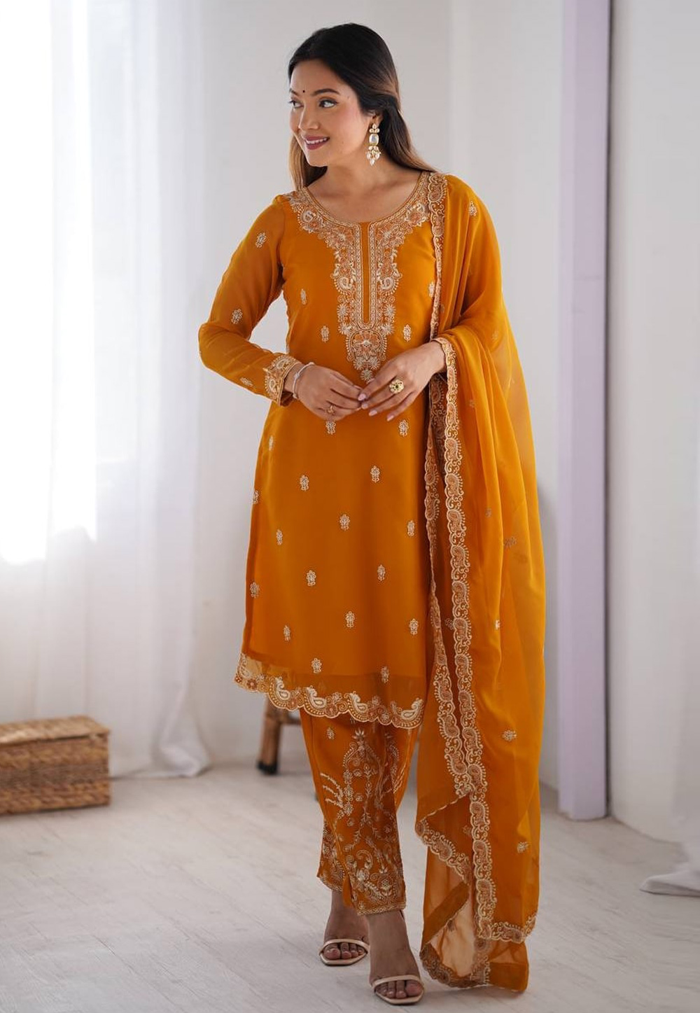 Orange Faux Georgette Readymade Pant Style Suit 310979