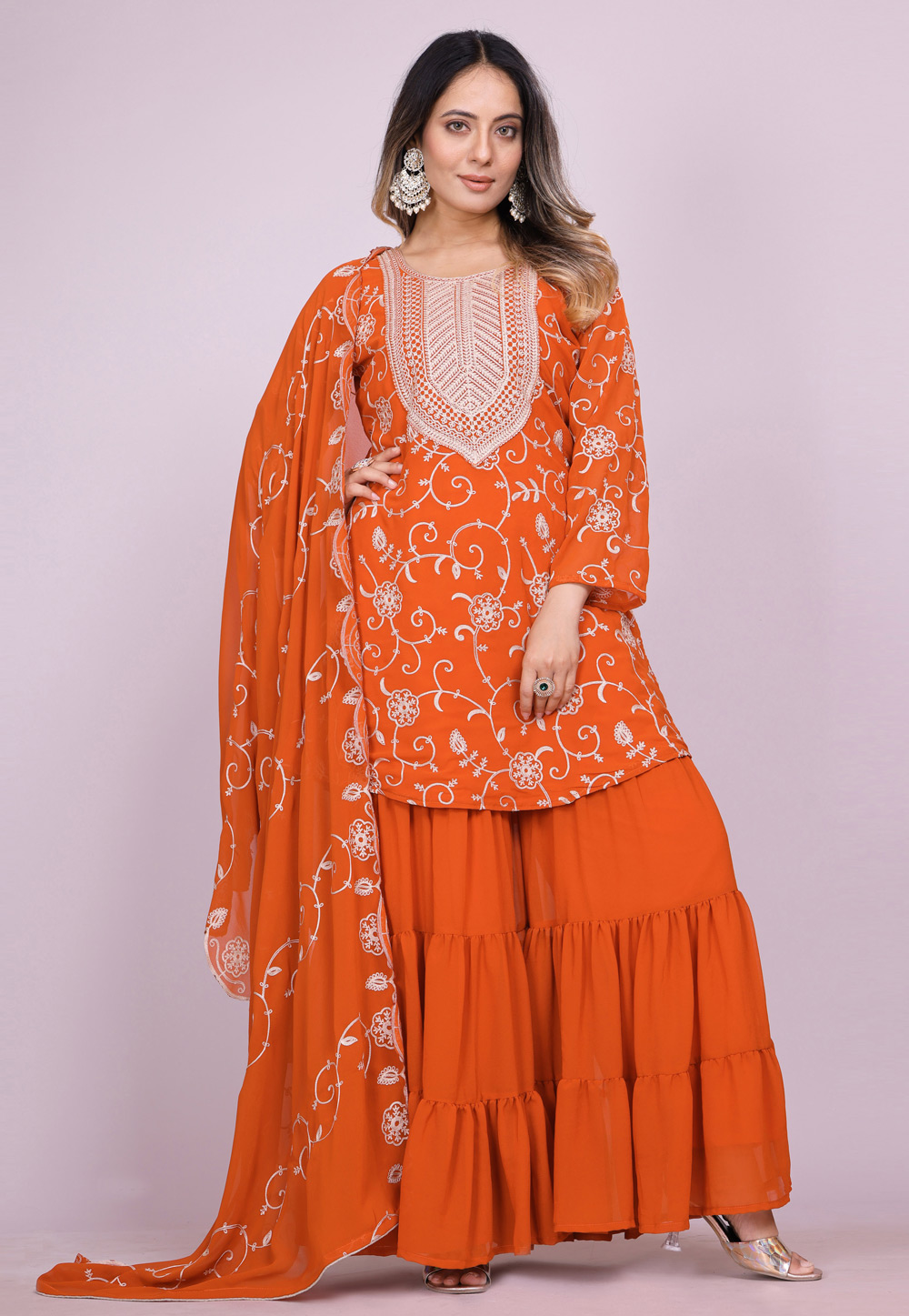 Orange Faux Georgette Readymade Sharara Suit 310898