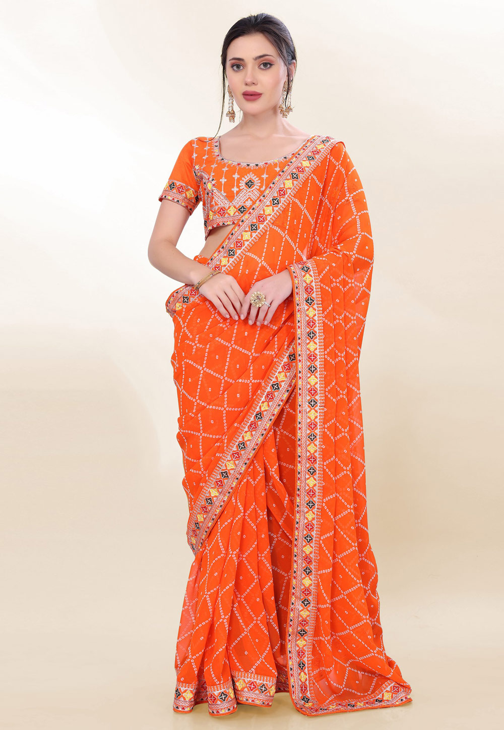 Orange Georgette Bandhani Print Saree 305684