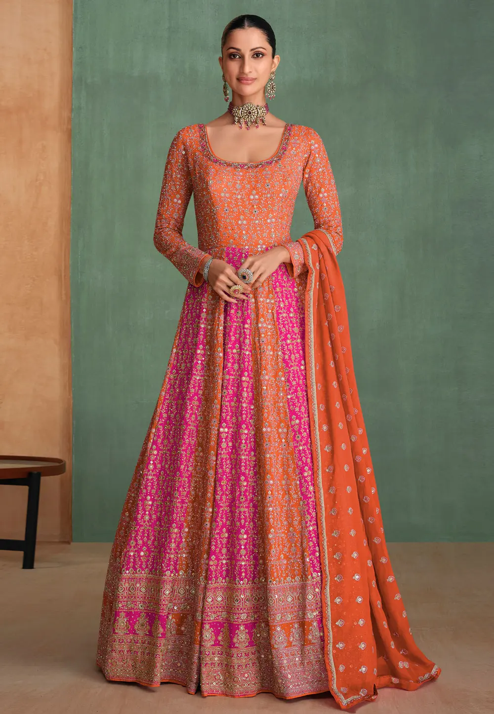 Orange Georgette Embroidered Long Anarkali Suit 301774