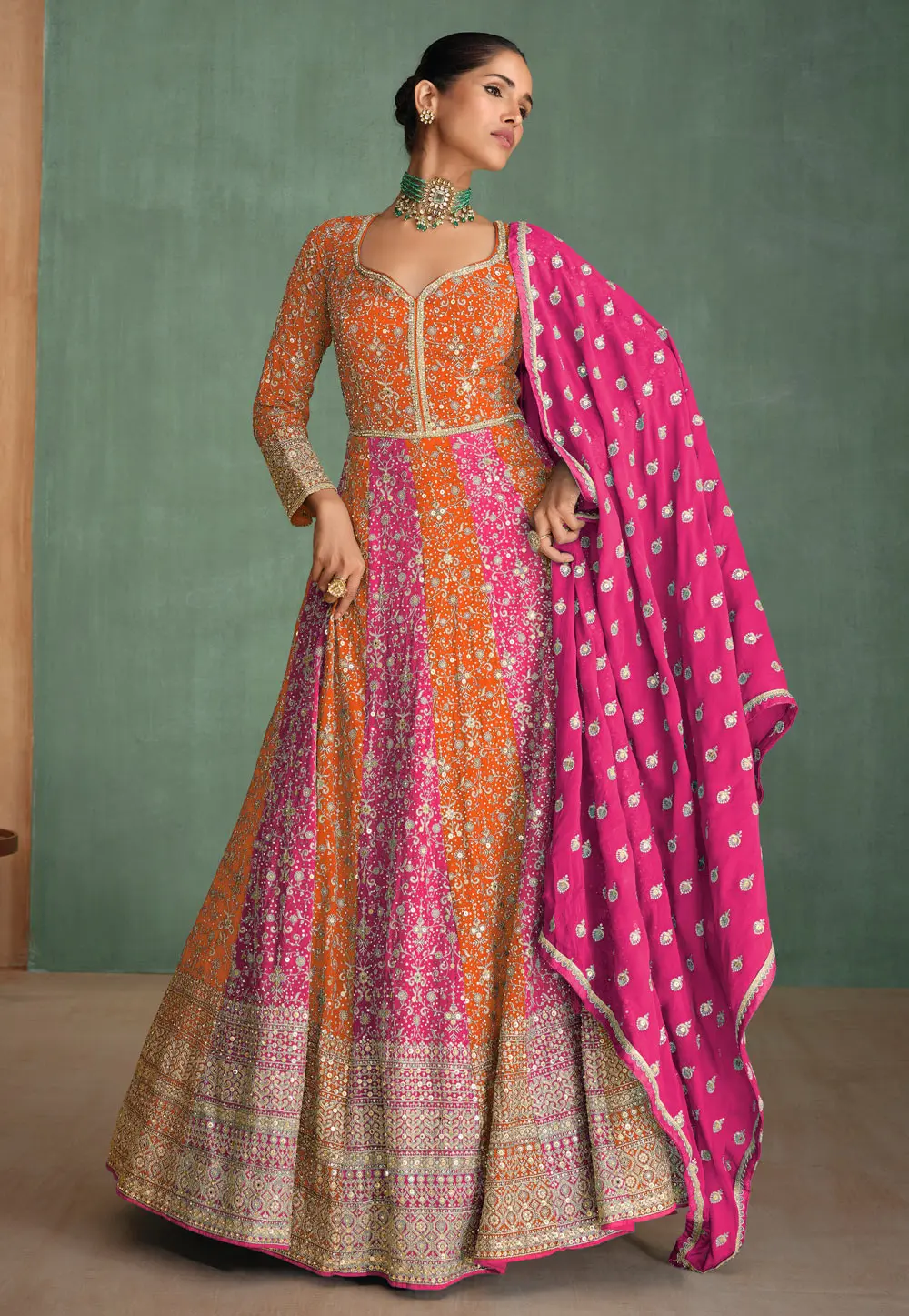 Orange Georgette Embroidered Long Anarkali Suit 303889