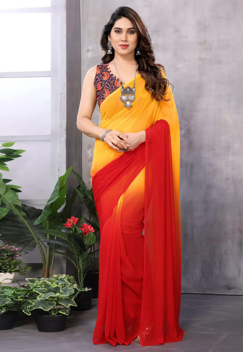 Orange Georgette Half N Half Saree 291774