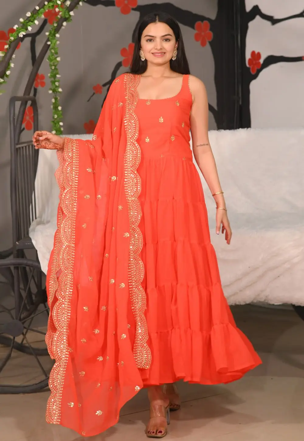 Orange Georgette Readymade Anarkali Suit 301640