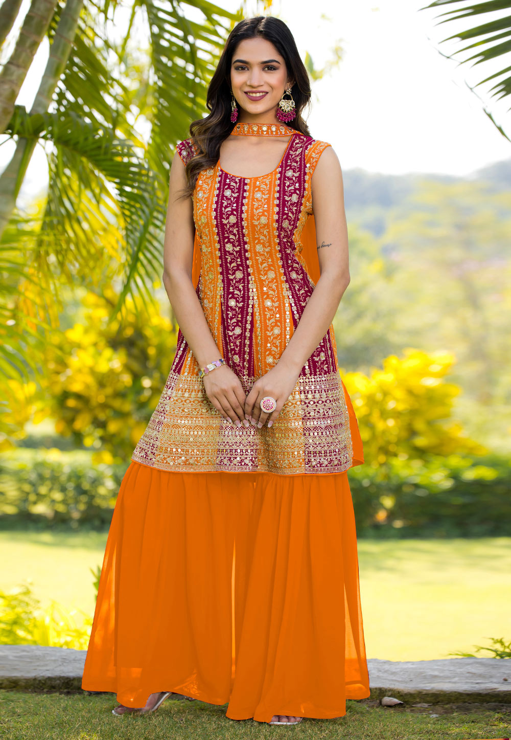 Orange Georgette Readymade Gharara Suit 305536