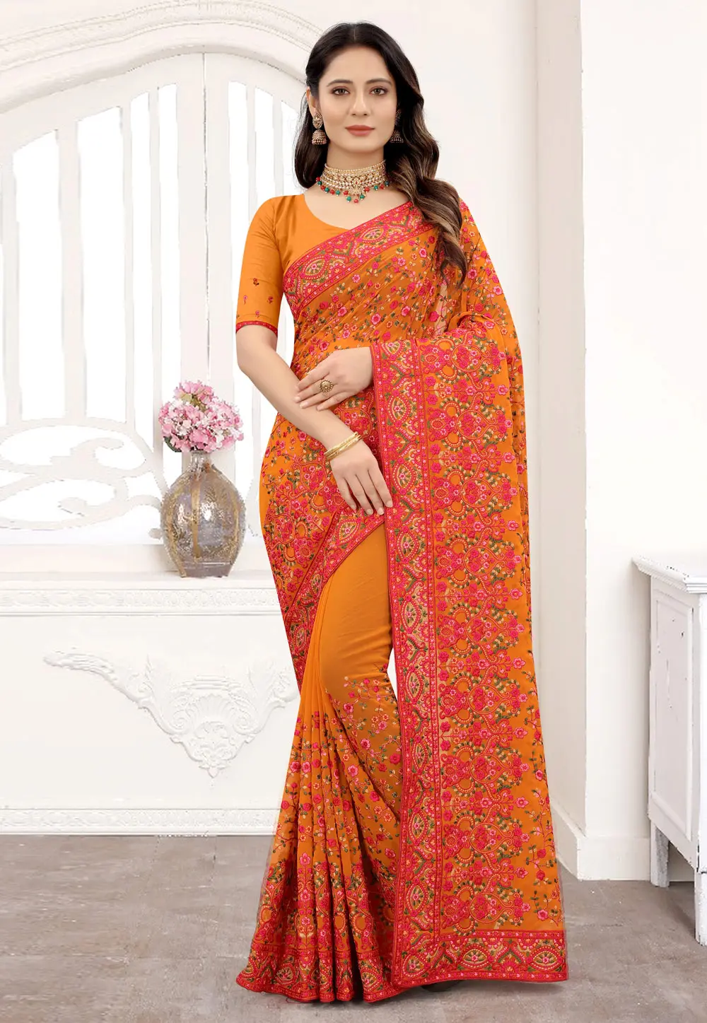 Orange Georgette Saree With Blouse 298358