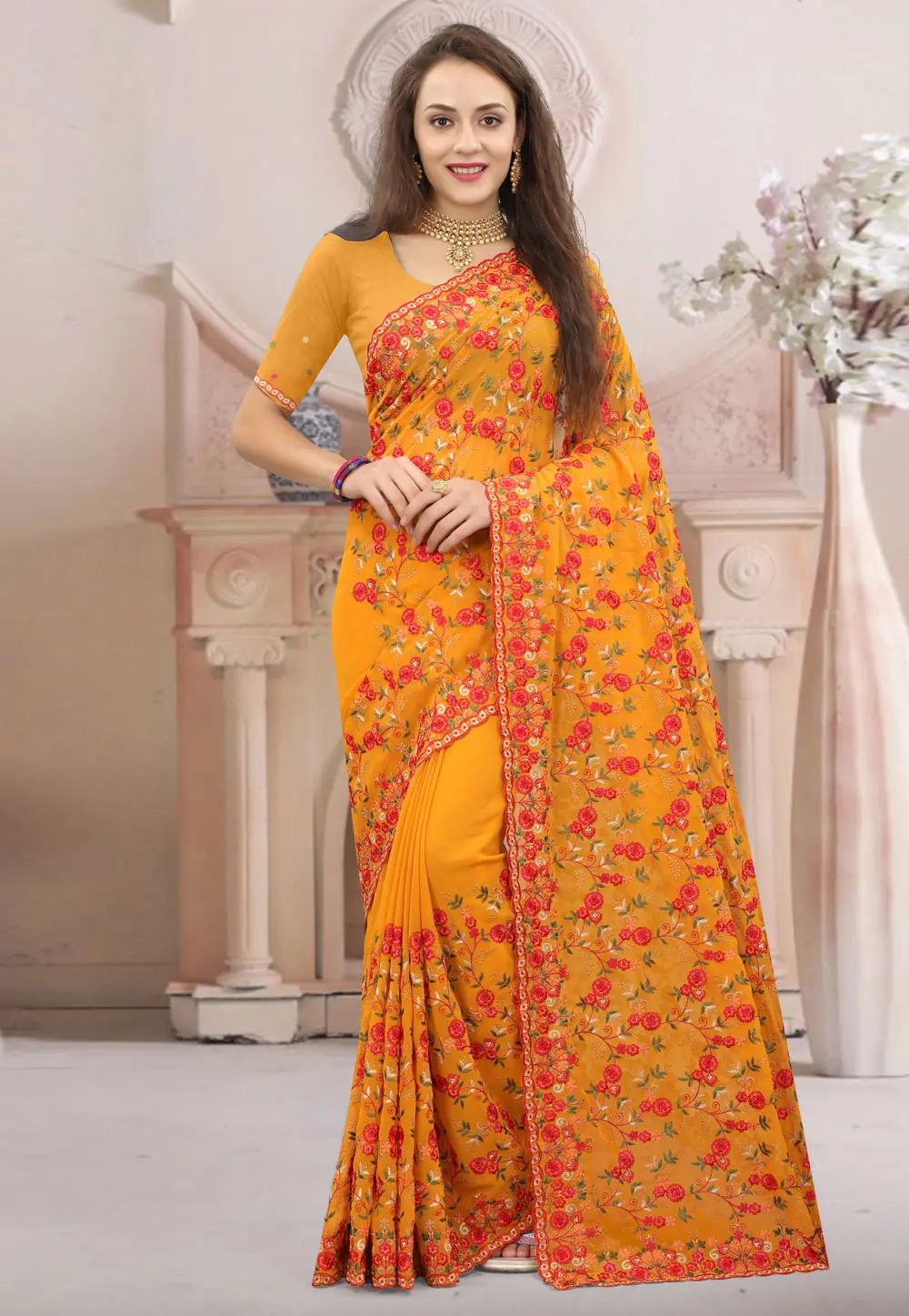 Orange Georgette Saree With Blouse 298367