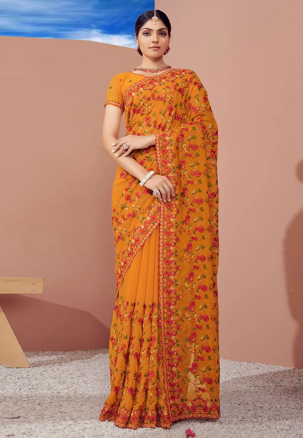 Orange Georgette Saree With Blouse 298368