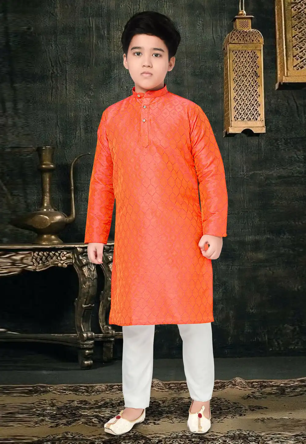 Orange Jacquard Kids Kurta Pajama 293210