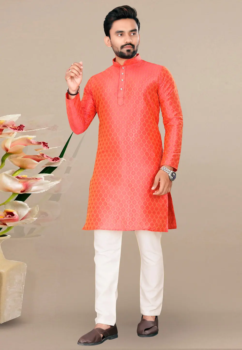 Orange Jacquard Kurta Pajama 293408