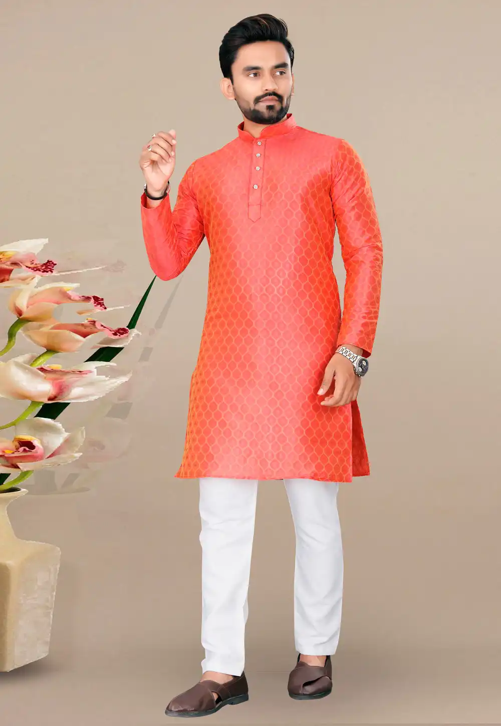 Orange Jacquard Kurta Pajama 293408