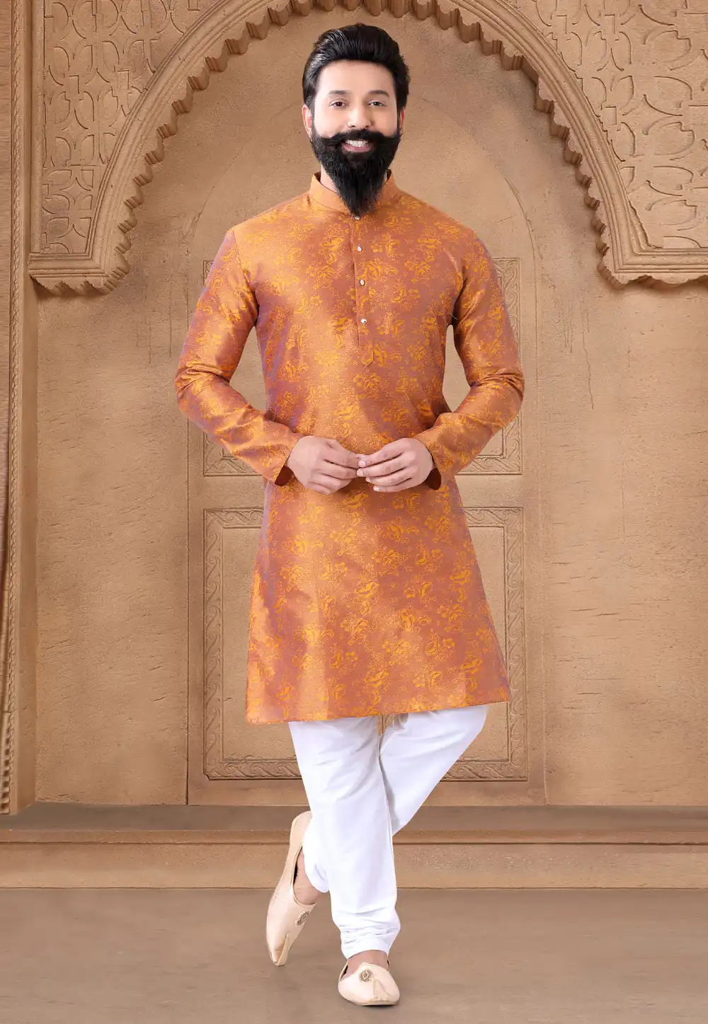 Orange Jacquard Kurta Pajama 287946