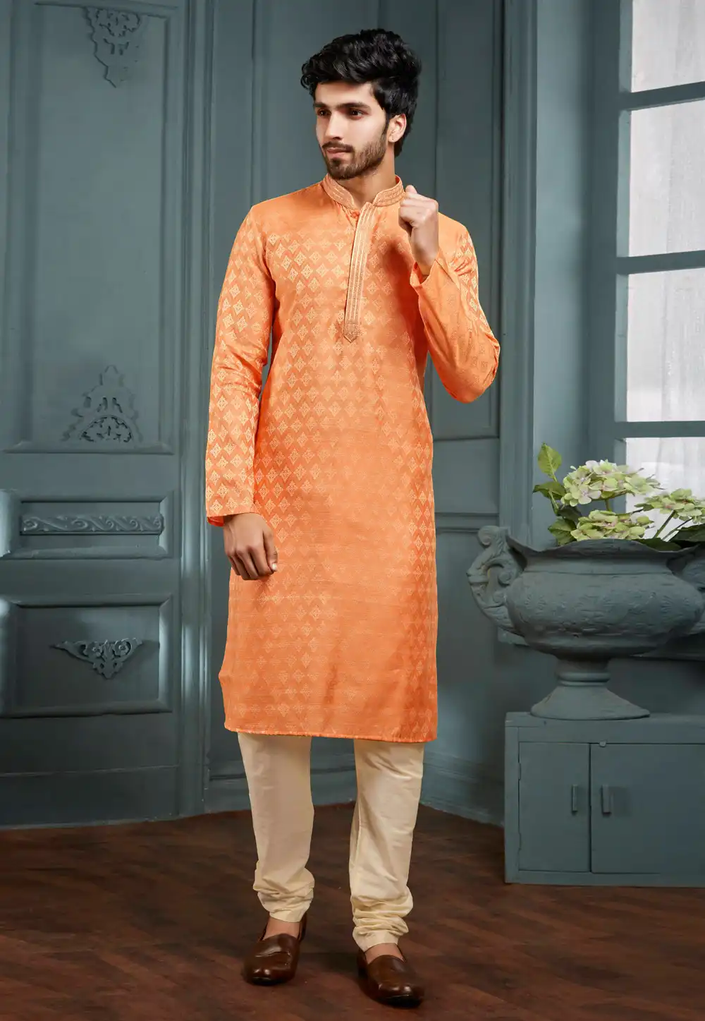 Orange Jacquard Kurta Pajama 288867