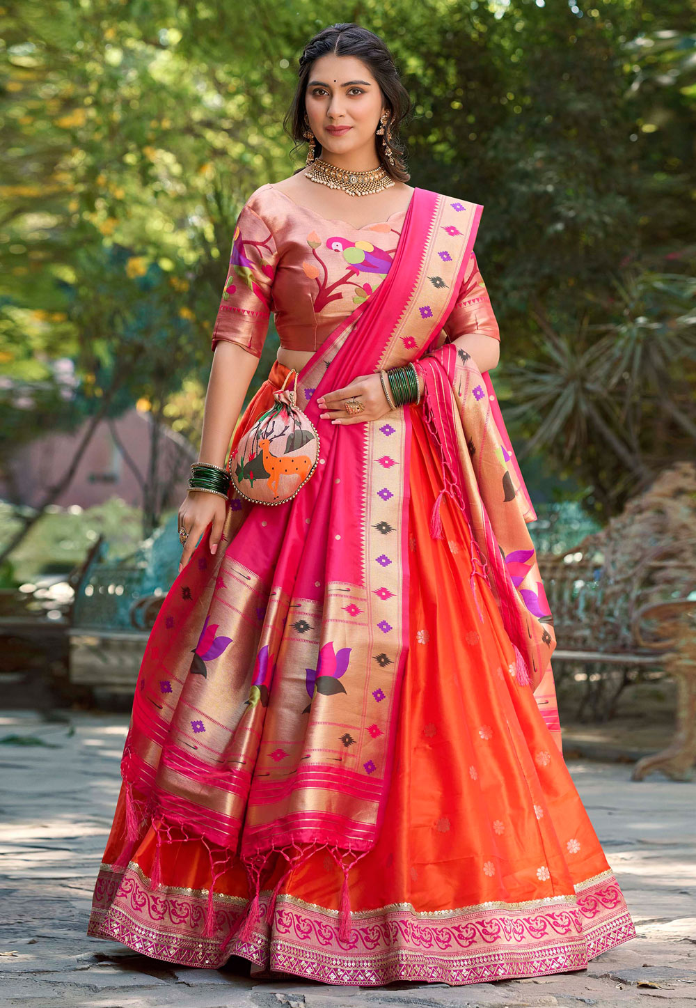 Orange Jacquard Silk Circular Lehenga Choli 286883