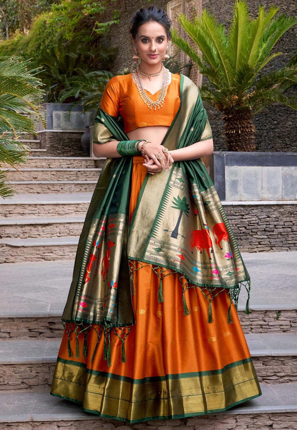 Orange Jacquard Silk Circular Lehenga Choli 309718