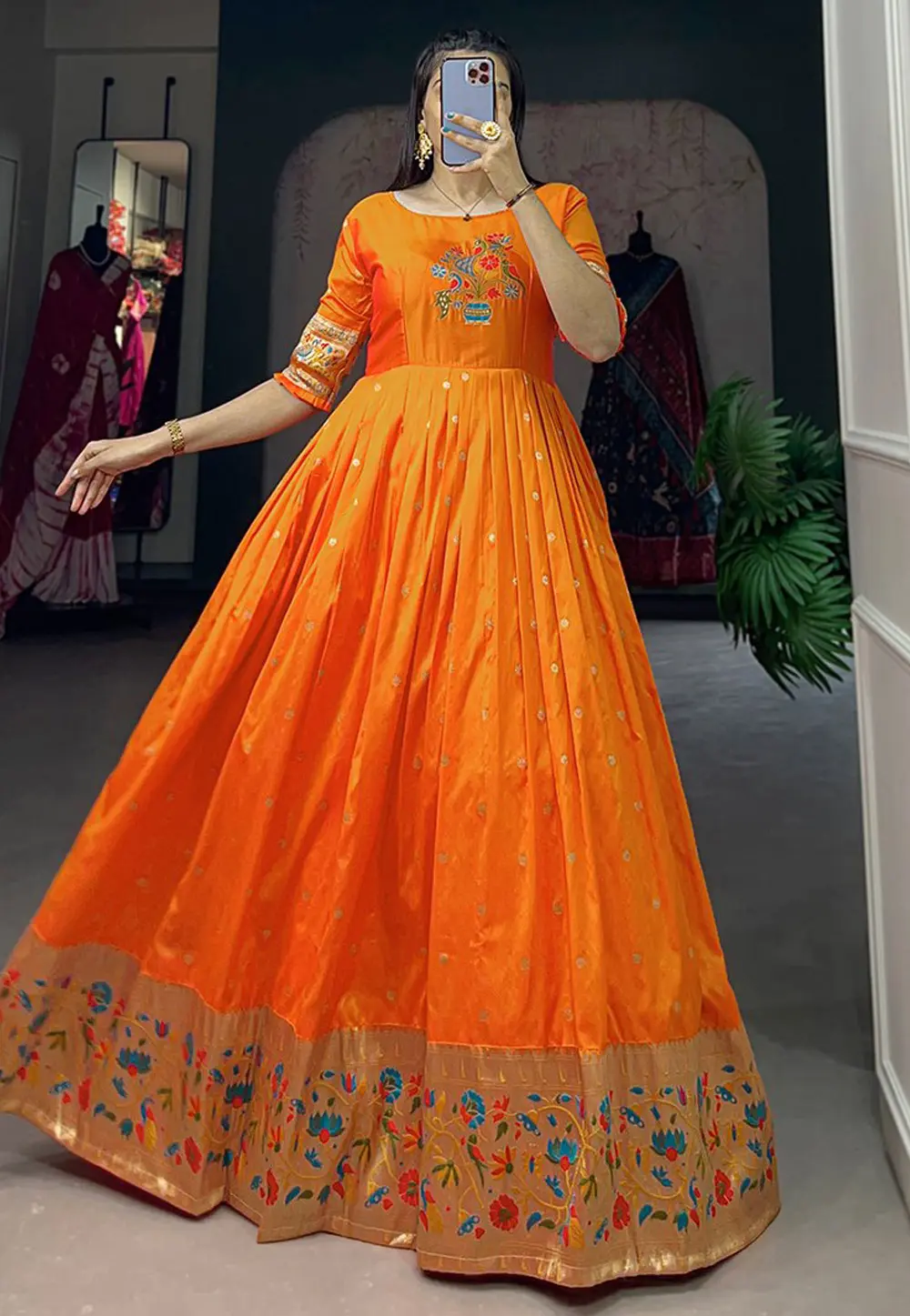 Orange Jacquard Silk Gown 302551