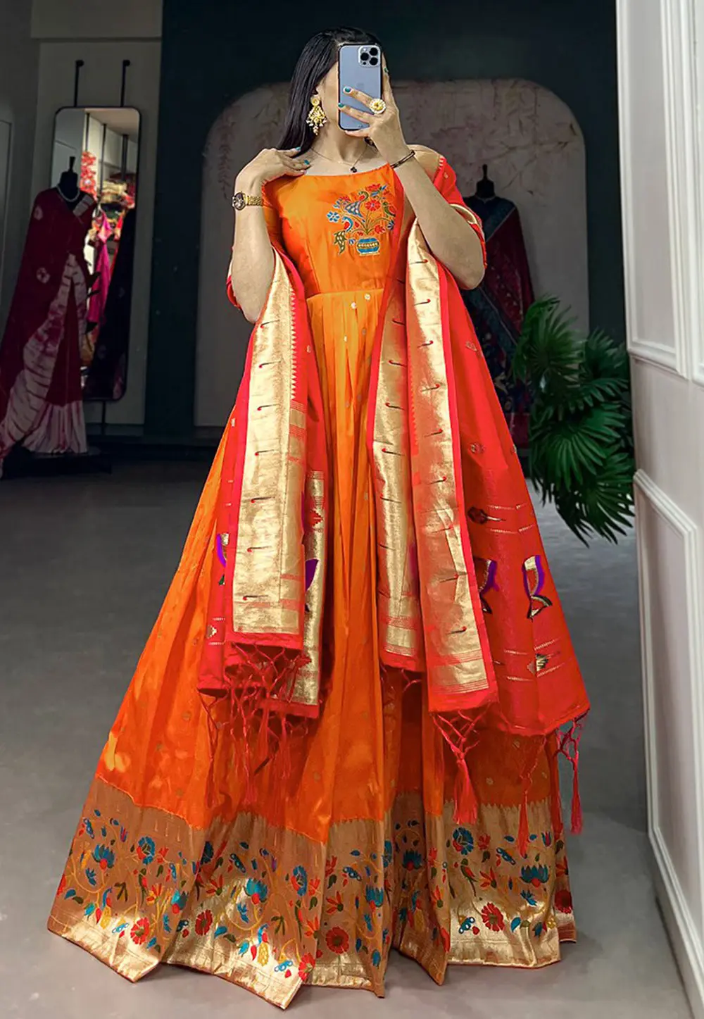 Orange Jacquard Silk Readymade Long Anarkali Suit 302547