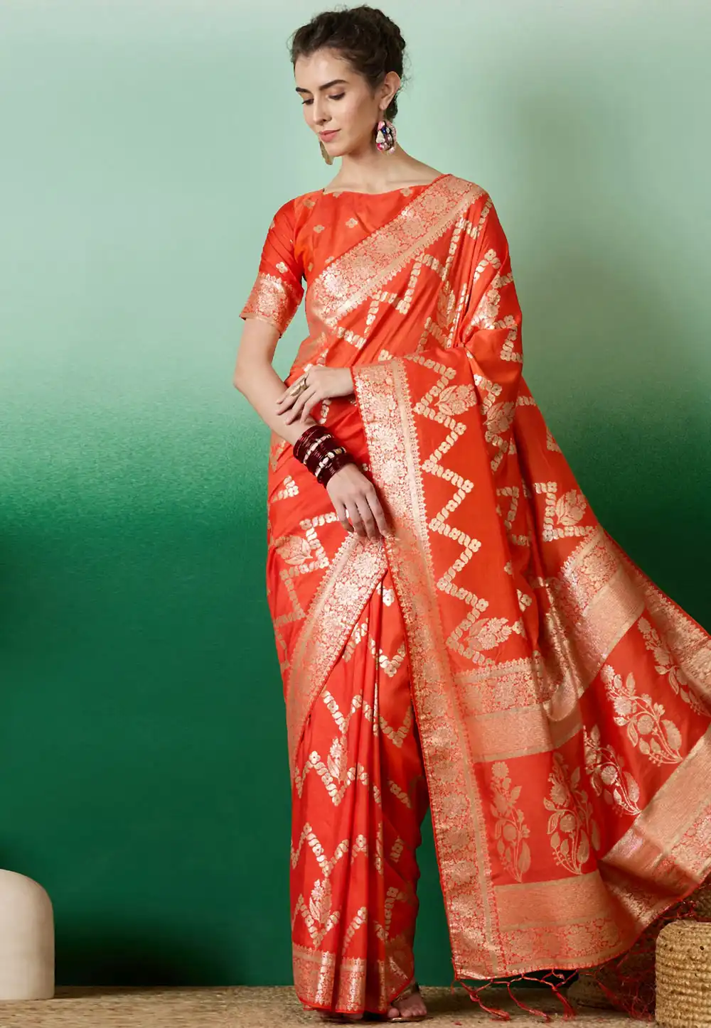 Orange Jacquard Silk Saree With Blouse 289621