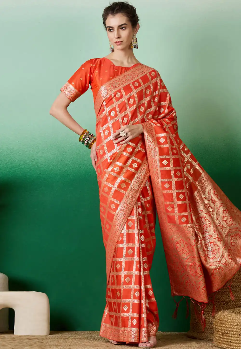 Orange Jacquard Silk Saree With Blouse 289625