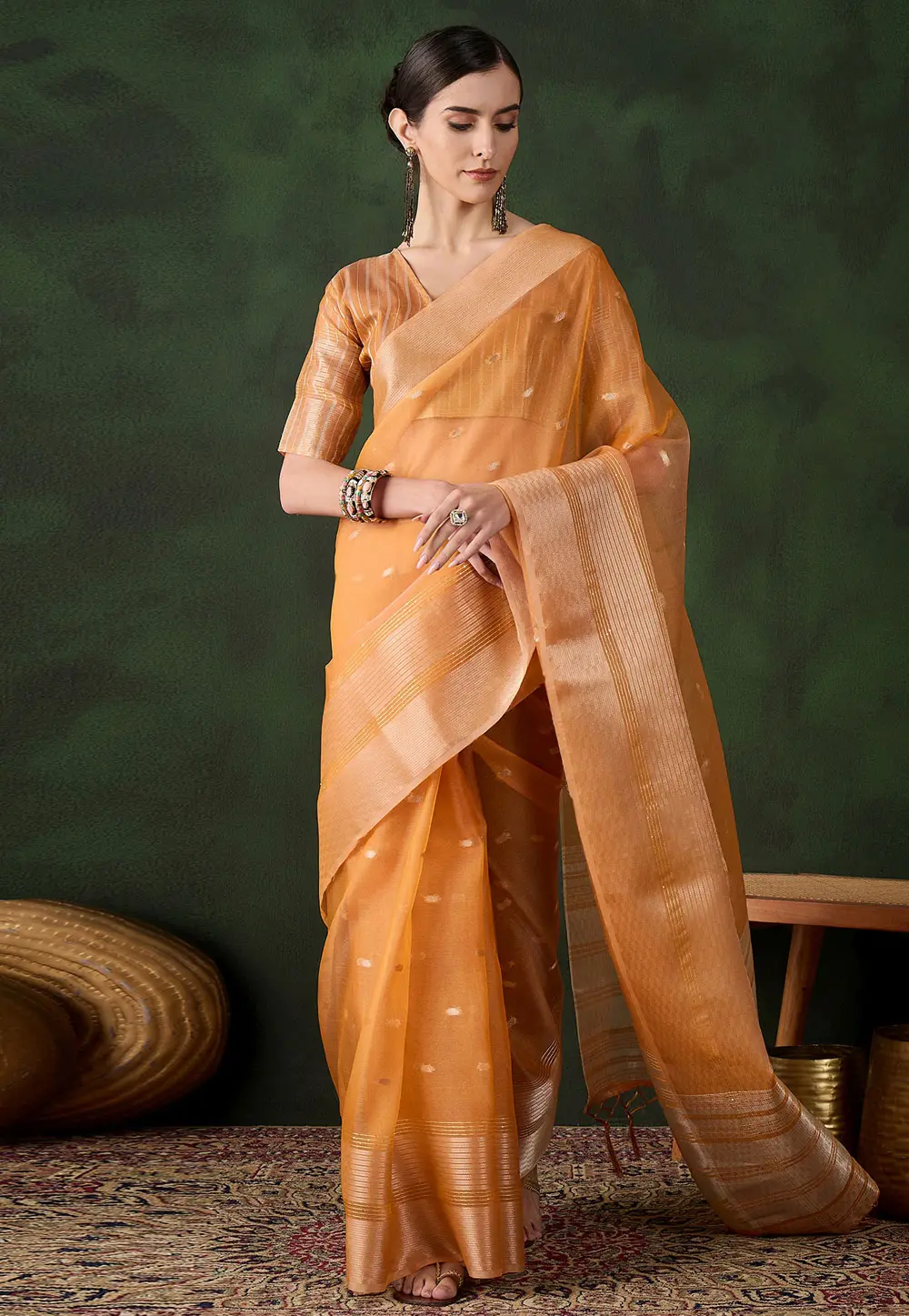 Orange Khadi Saree With Blouse 299215