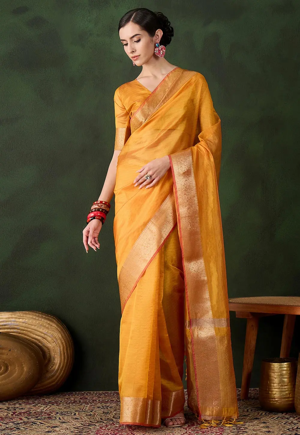 Orange Khadi Saree With Blouse 299397