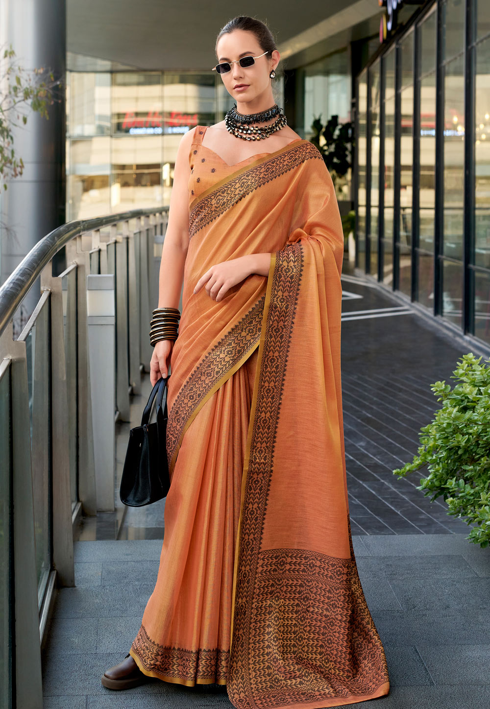 Orange Linen Saree With Blouse 304973