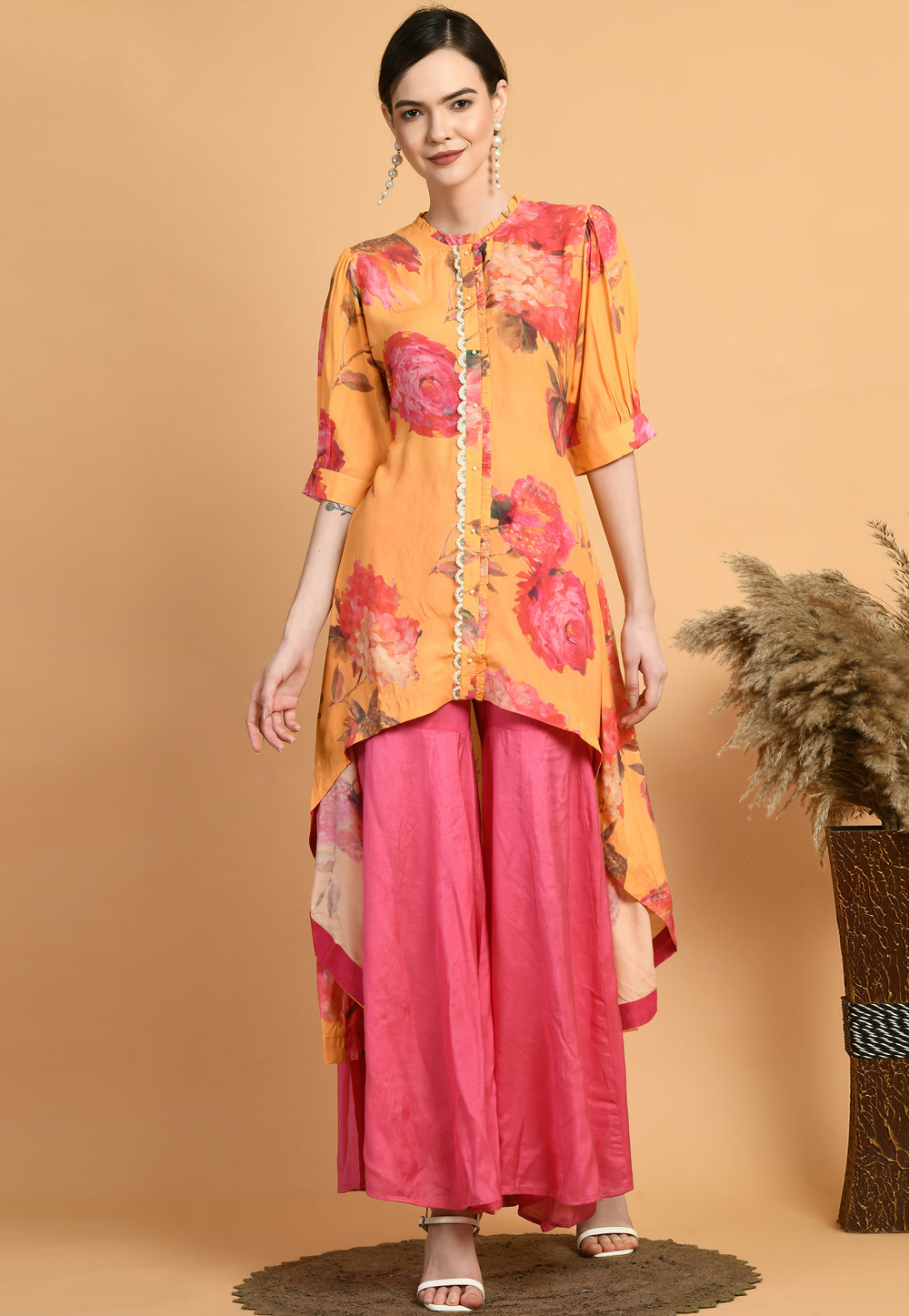 Orange Muslin Kurta Set With Palazzo 305455