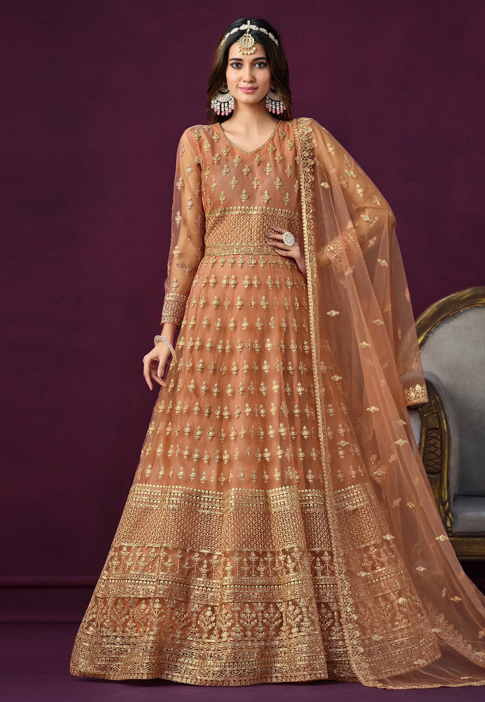 Orange Net Embroidered Floor Length Anarkali Suit 280044