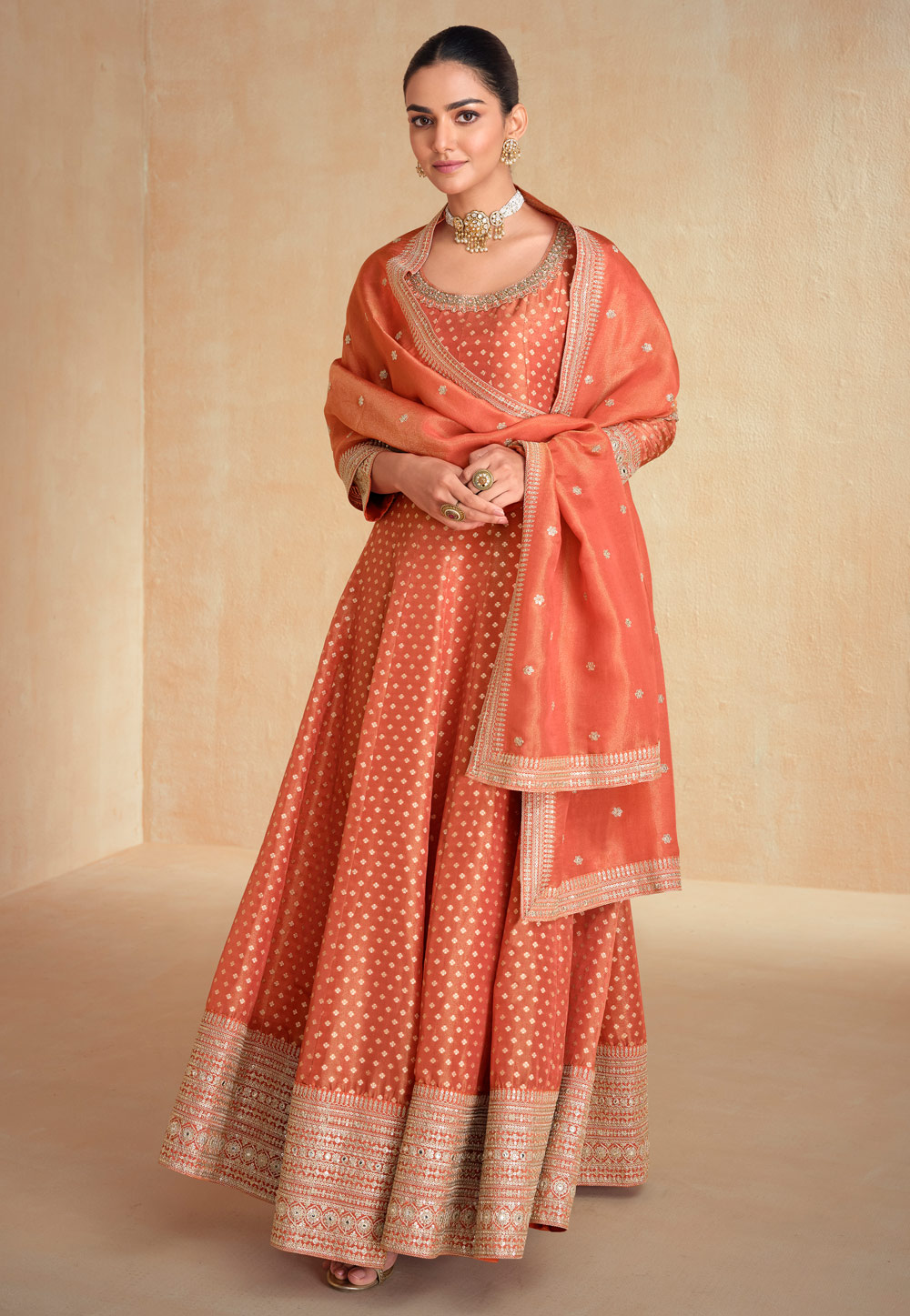 Orange Organza Anarkali Suit 305220